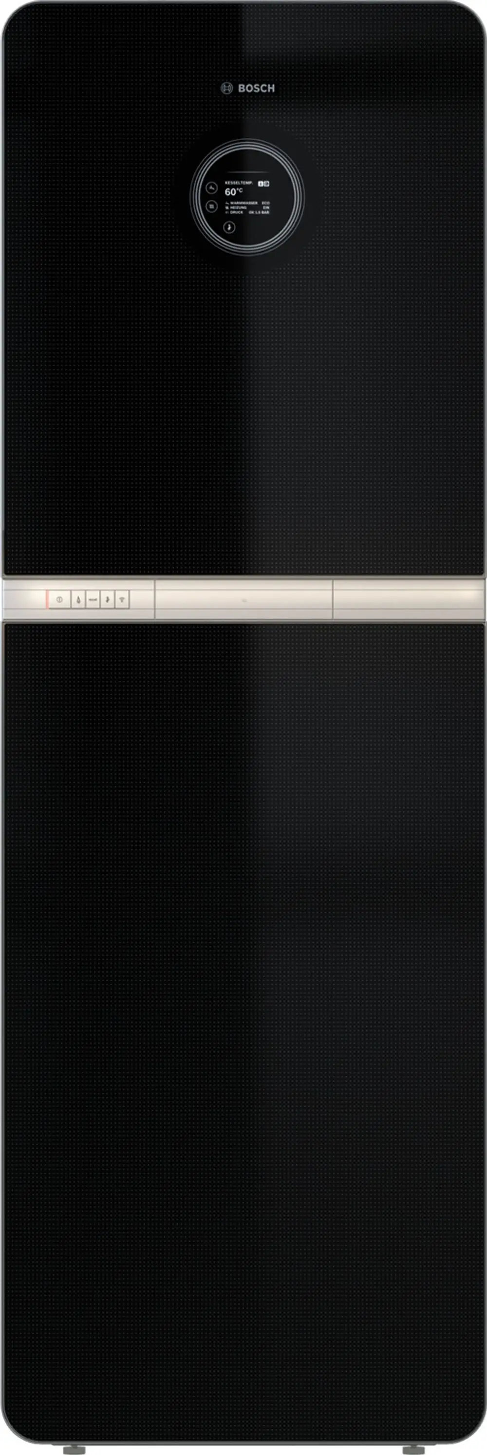 Schwarzer Kühlschrank von Bosch mit Displaysymbolen zur Temperatureinstellung und Bedientasten an der Front. Minimalistisches Design mit vertikalem Layout.